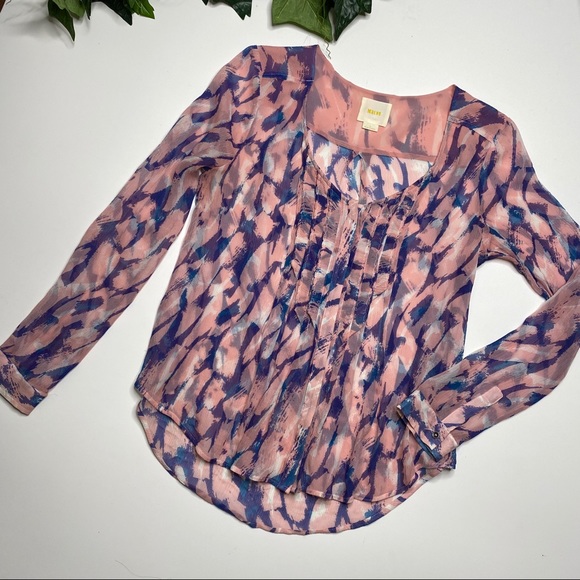 Anthropologie Maeve Silk Pink Blue Water Color top - Picture 2 of 8